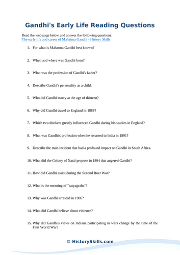 Gandhi's Early Life Reading Questions Worksheet