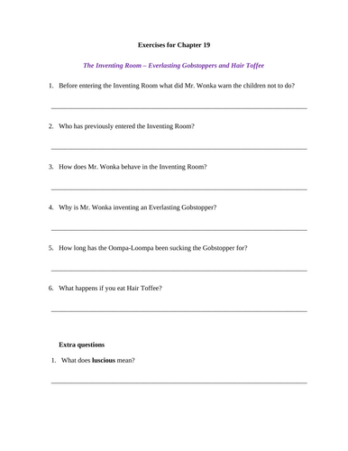 Charlie & the Chocolate Factory Chapter 19 Lesson Worksheet with Answers