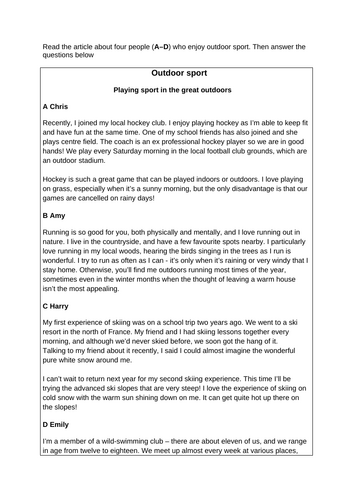 ESL Exam style reading - Outdoor sport