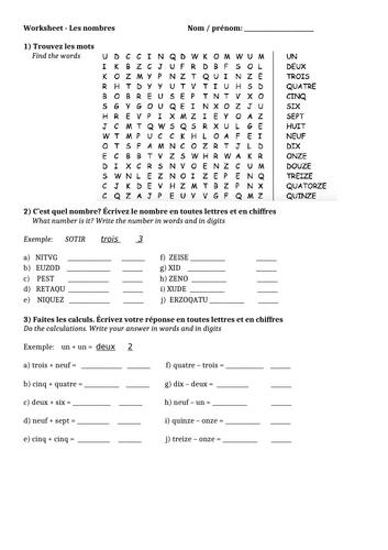 Worksheet French numbers 0-15