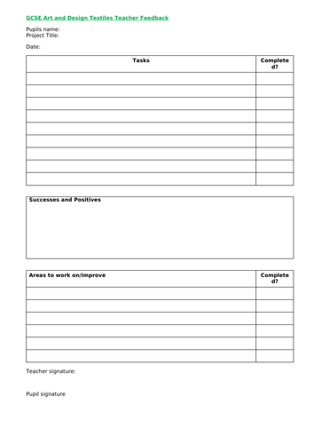 Teacher Pupil Feedback sheet - GCSE or A Level Art