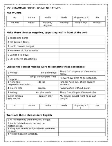 KS3 / 4 Spanish - Grammar Focus: Negatives