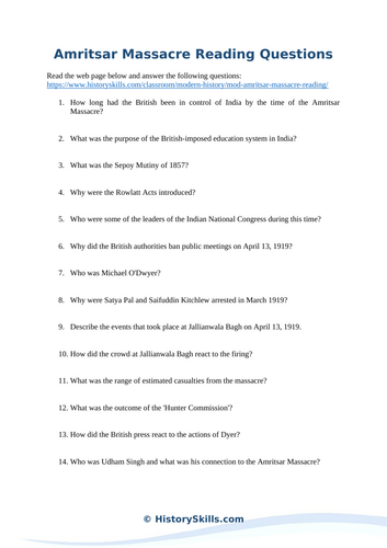 Amritsar Massacre Reading Questions Worksheet