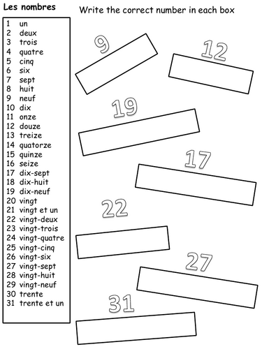 French Numbers 0-31 Worksheets