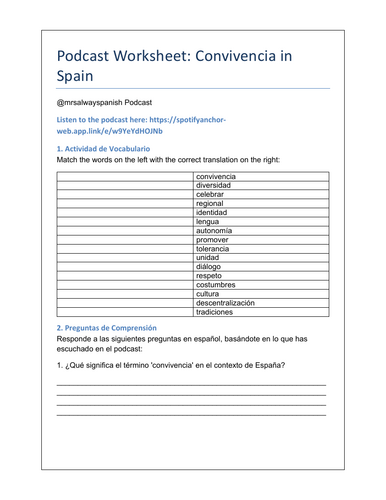 Podcast Worksheet: Conviviencia in Spain