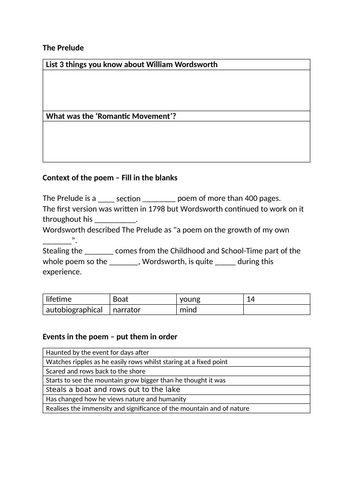 GCSE / KS3 Conflict Poetry The Prelude Wordsworth Language Structure and the Romantics