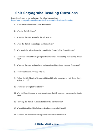 Gandhi and the Salt March Satyagraha Reading Questions Worksheet