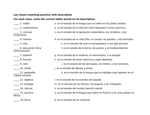 Las clases matching practice with description