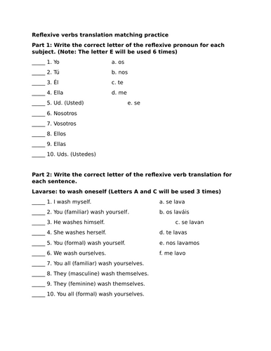 Reflexive verbs translation matching practice