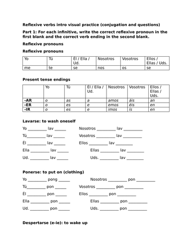 Reflexive verbs intro visual practice (conjugation and questions)