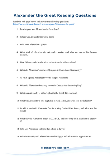 Introduction to Alexander the Great Reading Questions Worksheet