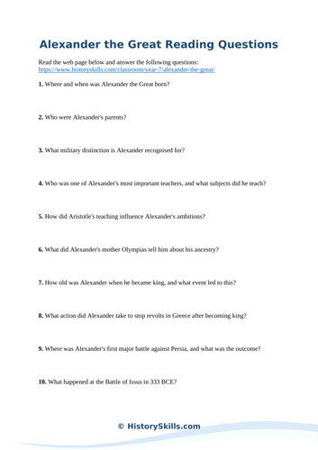 Introduction to Alexander the Great Reading Questions Worksheet