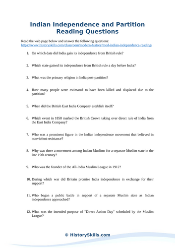 Indian Independence and Partition Reading Questions Worksheet