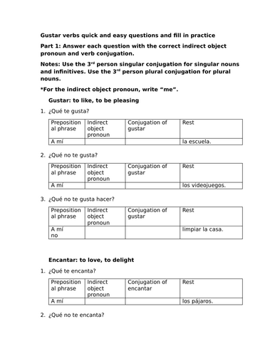 Gustar verbs quick and easy questions and fill in practice