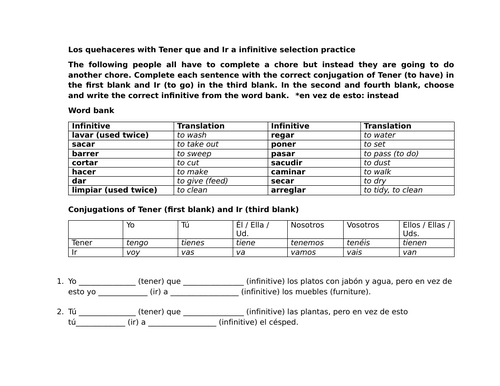 Los quehaceres with Tener que and Ir a infinitive selection practice