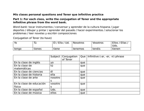 Mis clases personal questions and Tener que infinitive practice