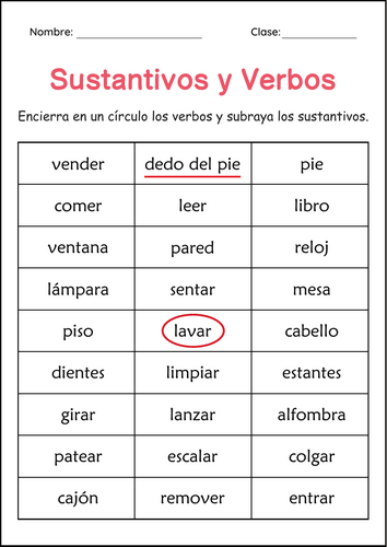 Nouns and Verbs Worksheets in spanish - Hojas de trabajo de sustantivos y verbos