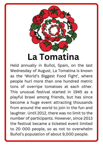 La Tomatina – Festivals Around the World Handout/Information Sheet/Poster/Spain