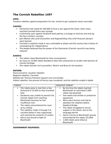 OCR A-Level History Paper 3 Tudor Rebellions - The Cornish rebellion 1497 Notes