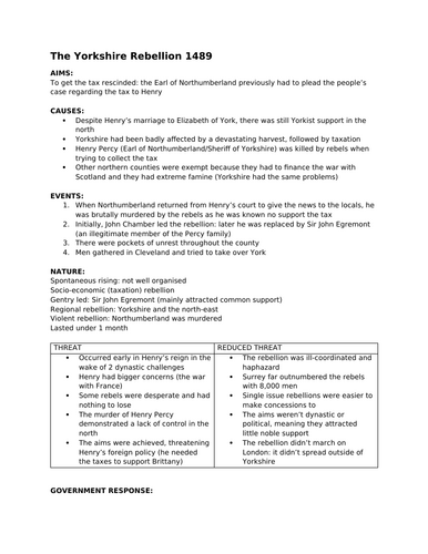 OCR A-Level History Paper 3 Tudor Rebellions - The Yorkshire Rebellion 1489 Notes