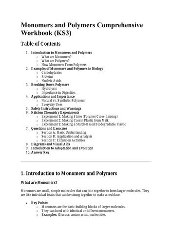 Monomers and Polymers Workbook