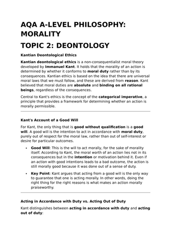 Kantian Deontological Ethics - AQA A-Level Philosophy Revision Summary ...