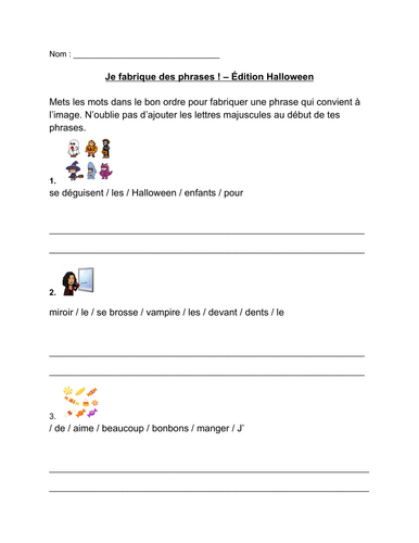 French Halloween worksheet - Making simple sentences