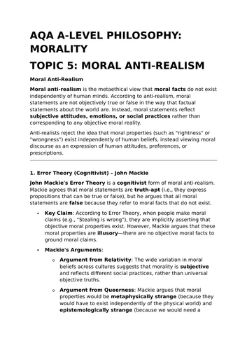 Moral Anti-Realism - AQA A-Level Philosophy Revision Summary | Teaching ...