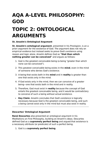 Ontological Arguments - AQA A-Level Philosophy Revision Summary