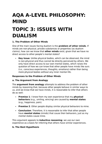 Issues with Dualism - AQA A-Level Philosophy Revision Summary