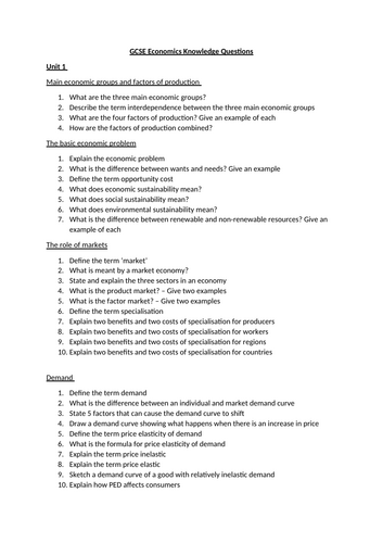 OCR GCSE Economics Knowledge Questions