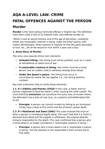 Fatal Offences Against the Person - Revision Summary for Law