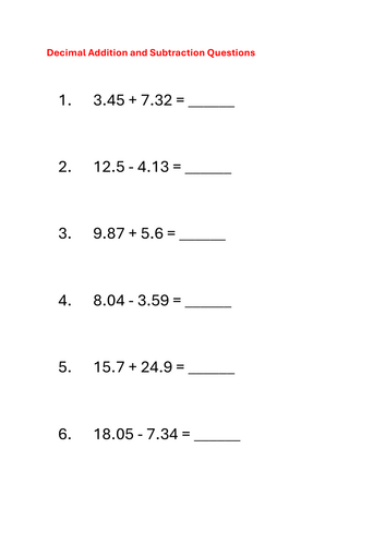 Decimal Addition and Subtraction 100 Questions with Answers