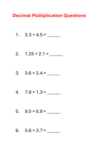 Decimal Multiplication 100 Questions with Answers