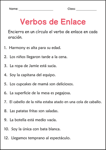 Linking Verb Worksheets in Spanish - Hojas de trabajo de verbos de enlace