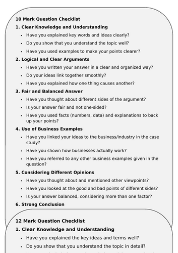 A Level Business 10,12 and 20 mark checklists