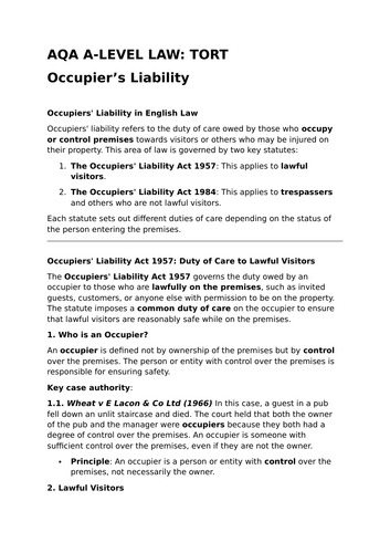 Occupier's Liability - Revision Summary for Tort Law