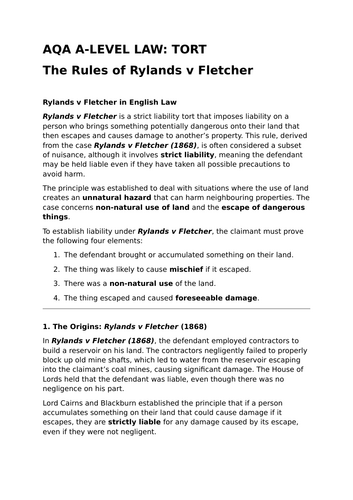 Rylands v Fletcher - Revision Summary for Tort Law