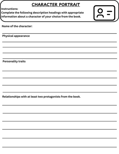 English worksheet - Character portrait (describing a character from a book)