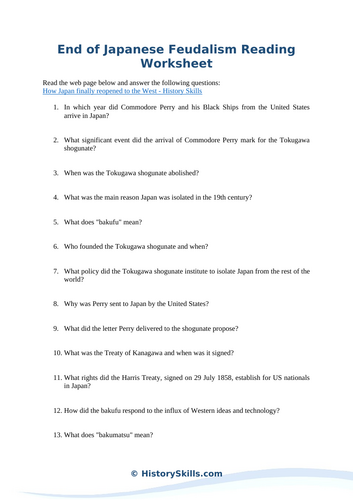 End of Japanese Feudalism Reading Worksheet