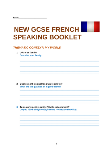 New French GCSE Edexcel Speaking booklet  with sentence builders 2024