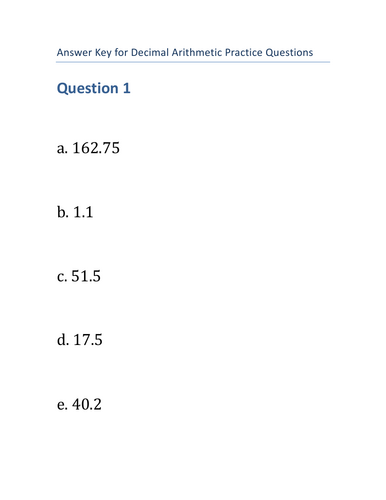 decimal_arithmetic_practice_100 questions with Answer Key