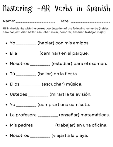 ar verbs in spanish sentences worksheet - Conjugating -AR Verbs in Spanish