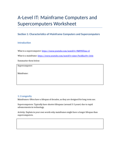 2.1 - Mainframes and Supercomputers CIE A level IT - Worksheet