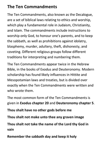 The Ten Commandments Handout with activities