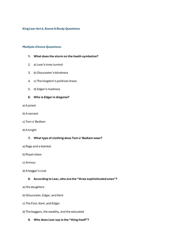King Lear Act 3 scene 4 Worksheet  Quiz
