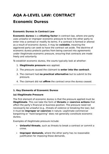 Economic Duress - Revision Summary for Contract Law