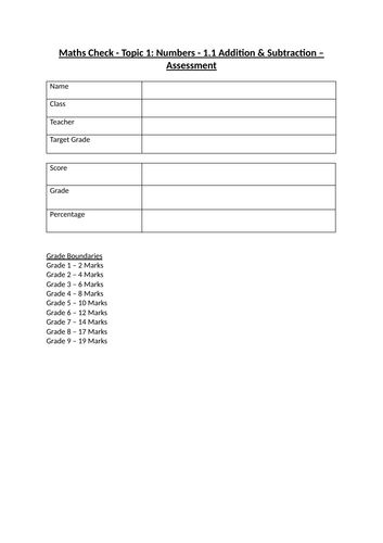 Maths Check - Topic 1: Numbers - 1.1 Addition & Subtraction - Assessment