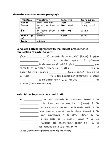 Go verbs question answer paragraph