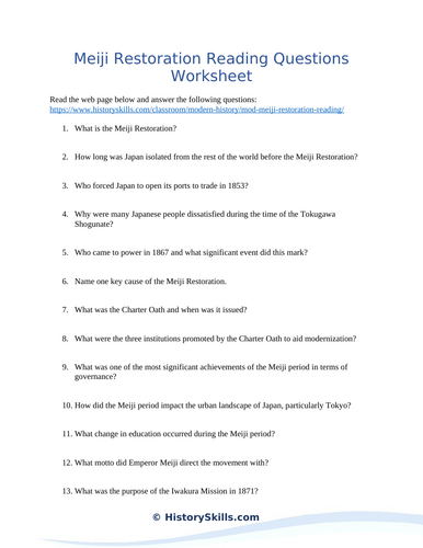 Meiji Restoration Reading Questions Worksheet